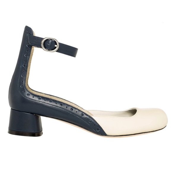 Navy and Cream Acacia Leather Pump with strap - Picture 1 of 6